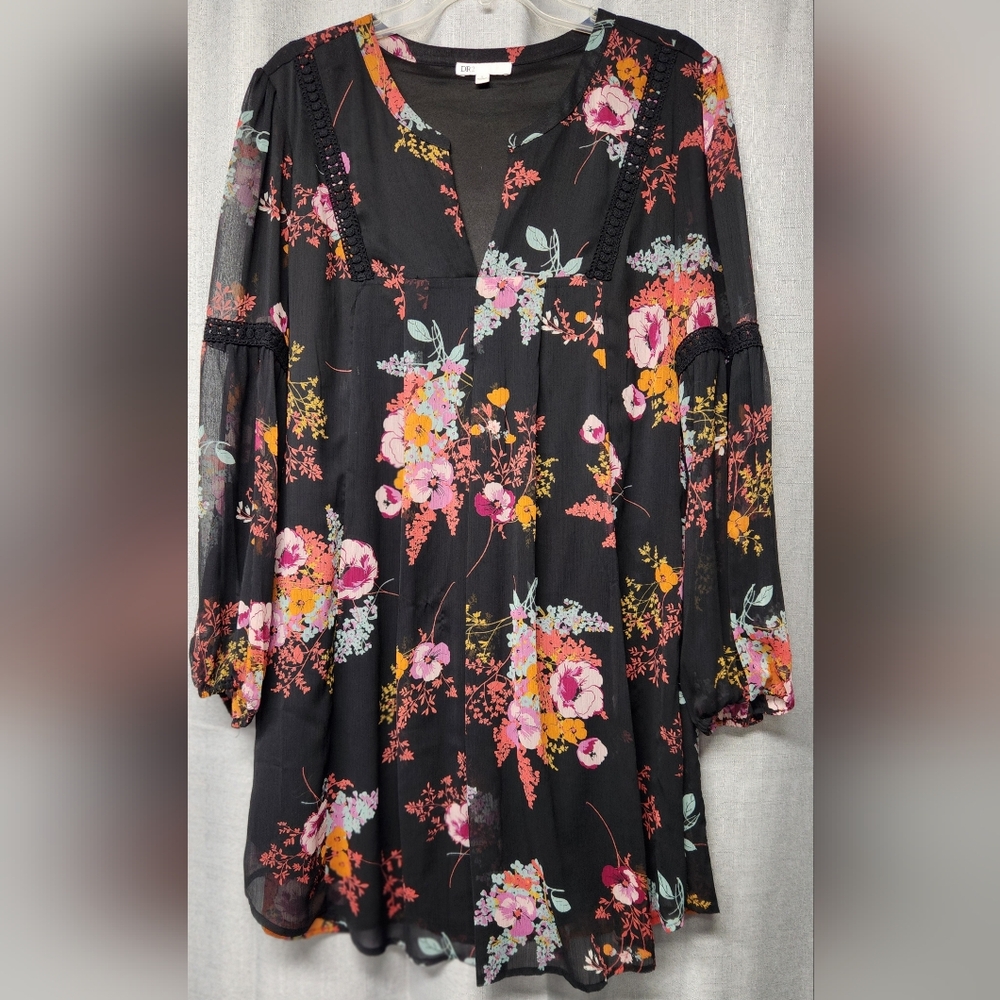DR2 Long Sheer Sleeve Floral Lined Dress - Women's L Large